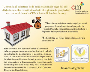 Se extiende a diciembre de 2015 el plazo del programa de condonación del pago del Impuesto Predial a Inmuebles constituidos bajo el Régimen de Propiedad en Condominio